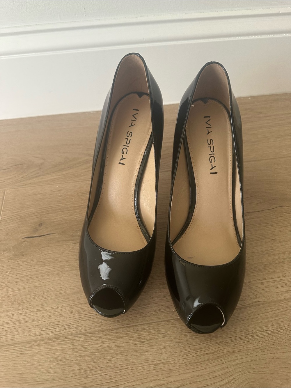 Via Spiga Black Patent Peep-Toe Heels
